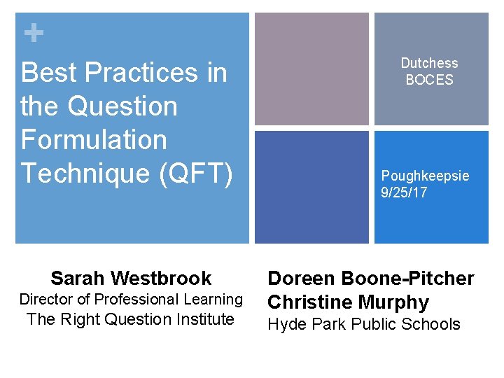 + Best Practices in the Question Formulation Technique (QFT) Sarah Westbrook Director of Professional