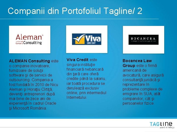 Companii din Portofoliul Tagline/ 2 ALEMAN Consulting este o companie inovatoare, furnizoare de soluţii