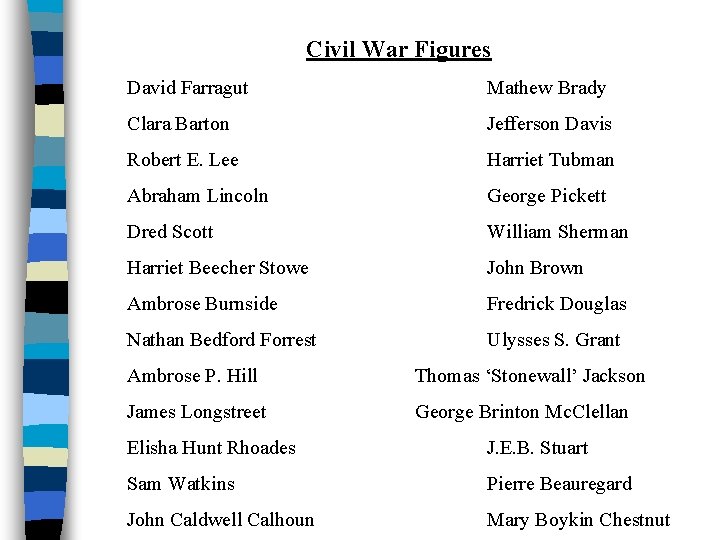 Civil War Figures David Farragut Mathew Brady Clara Barton Jefferson Davis Robert E. Lee