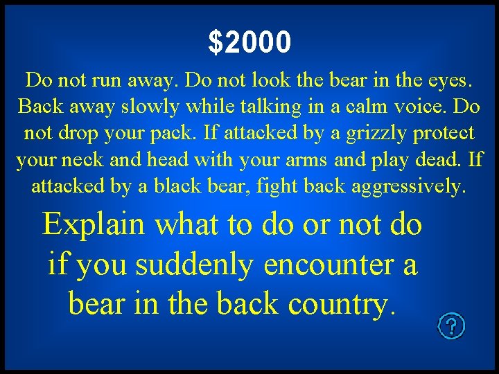 $2000 Do not run away. Do not look the bear in the eyes. Back