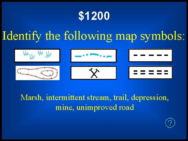 $1200 Identify the following map symbols: Marsh, intermittent stream, trail, depression, mine, unimproved road
