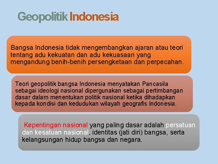 Geopolitik Indonesia Bangsa Indonesia tidak mengembangkan ajaran atau teori tentang adu kekuatan dan adu