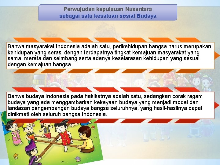 Perwujudan kepulauan Nusantara sebagai satu kesatuan sosial Budaya Bahwa masyarakat Indonesia adalah satu, perikehidupan