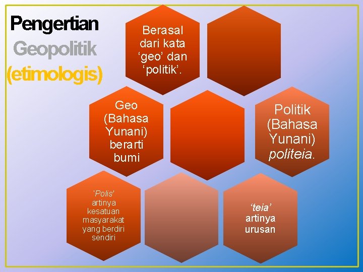 Pengertian Geopolitik (etimologis) Berasal dari kata ‘geo’ dan ‘politik’. Geo (Bahasa Yunani) berarti bumi