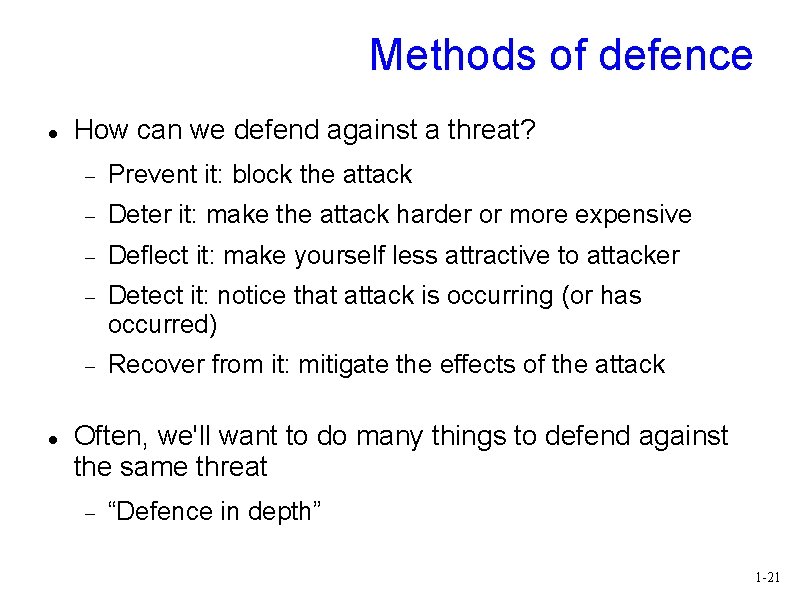 Methods of defence How can we defend against a threat? Prevent it: block the
