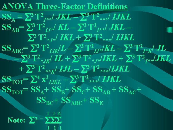 ANOVA Three-Factor Definitions SSA = 3 T 2 I**/ JKL – 3 T 2***/