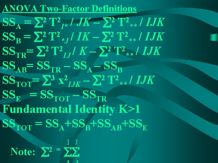 ANOVA Two-Factor Definitions SSA = 2 T 2 I* / JK – 2 T