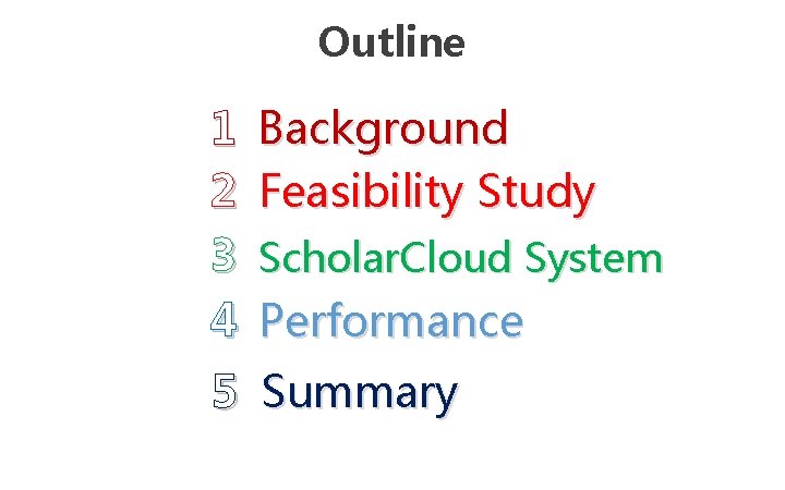 Outline 1 2 3 4 Background Feasibility Study Scholar. Cloud System Performance 5 Summary