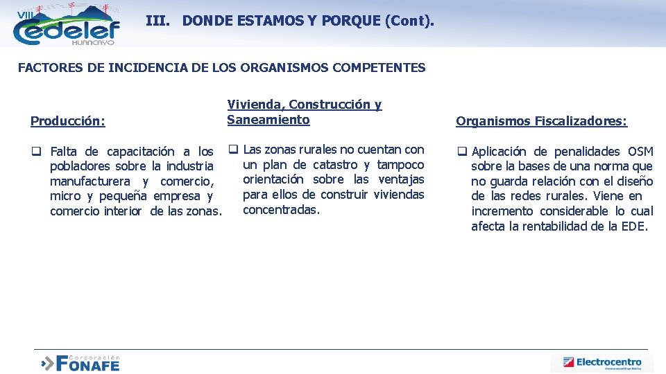 III. DONDE ESTAMOS Y PORQUE (Cont). FACTORES DE INCIDENCIA DE LOS ORGANISMOS COMPETENTES Producción: