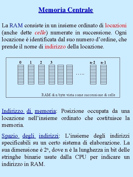 Memoria Centrale La RAM consiste in un insieme ordinato di locazioni (anche dette celle)