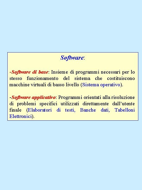 Software: -Software di base: Insieme di programmi necessari per lo stesso funzionamento del sistema
