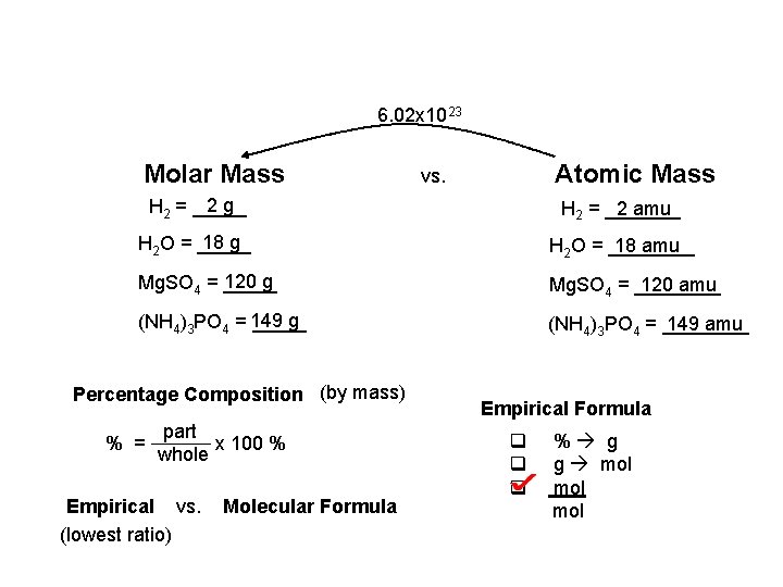 6. 02 x 1023 Molar Mass Atomic Mass vs. 2 g H 2 =