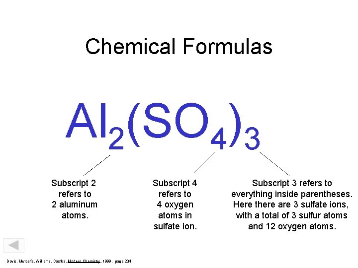 Chemical Formulas Al 2(SO 4)3 Subscript 2 refers to 2 aluminum atoms. Davis, Metcalfe,