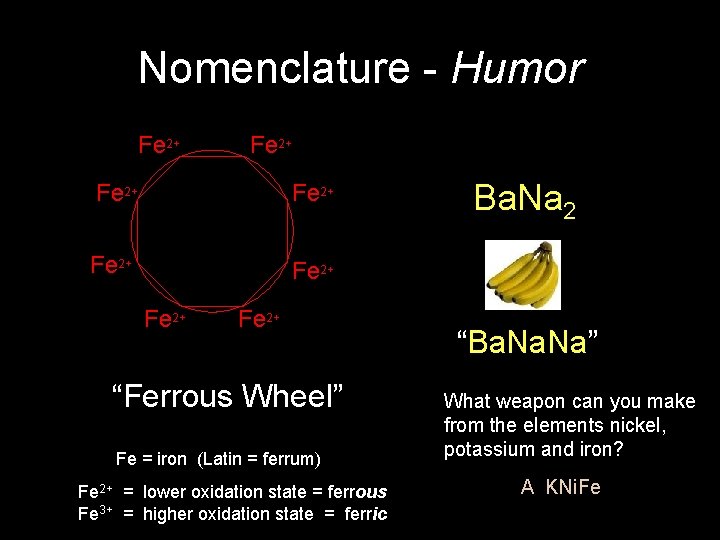 Nomenclature - Humor Fe 2+ Fe 2+ “Ferrous Wheel” Fe = iron (Latin =