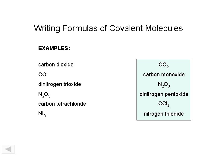 Writing Formulas of Covalent Molecules EXAMPLES: carbon dioxide CO dinitrogen trioxide N 2 O