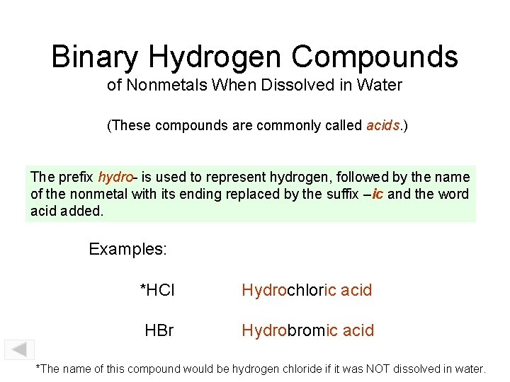 Binary Hydrogen Compounds of Nonmetals When Dissolved in Water (These compounds are commonly called