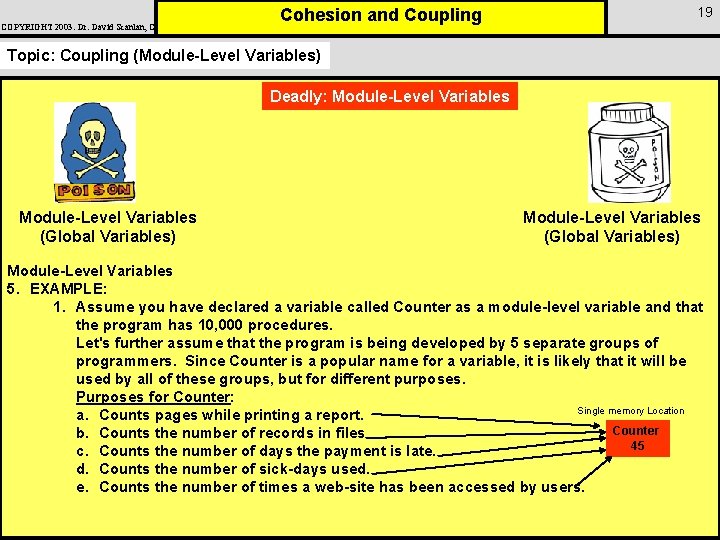 COPYRIGHT 2003: Dr. David Scanlan, CSUS Cohesion and Coupling 19 Topic: Coupling (Module-Level Variables)