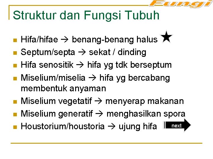 Struktur dan Fungsi Tubuh n n n n Hifa/hifae benang-benang halus Septum/septa sekat /