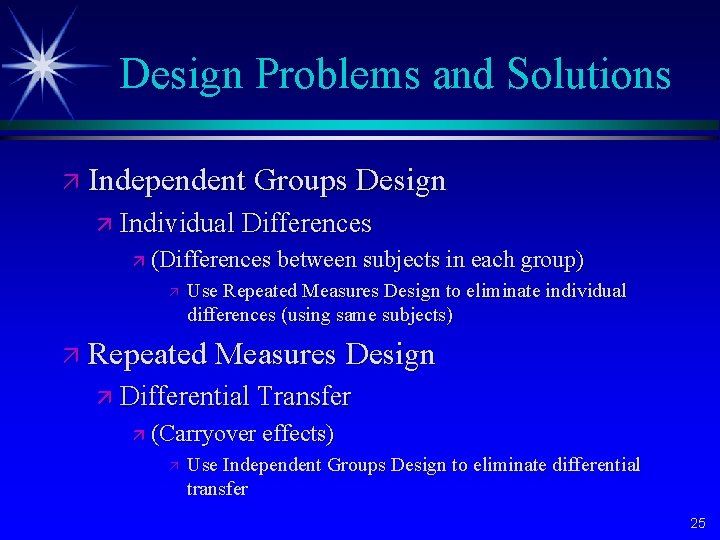 Design Problems and Solutions ä Independent Groups Design ä Individual Differences ä (Differences between