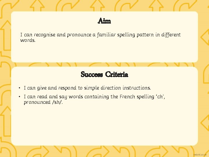 Aim I can recognise and pronounce a familiar spelling pattern in different words. Success