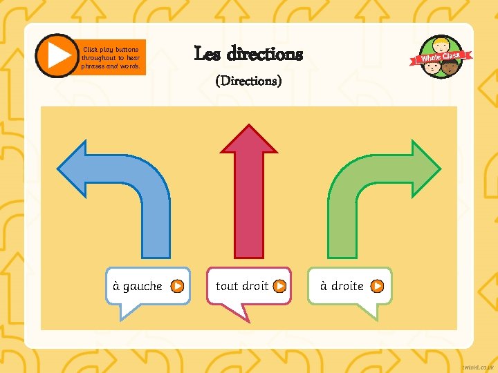 Click play buttons throughout to hear phrases and words. Les directions (Directions) à gauche