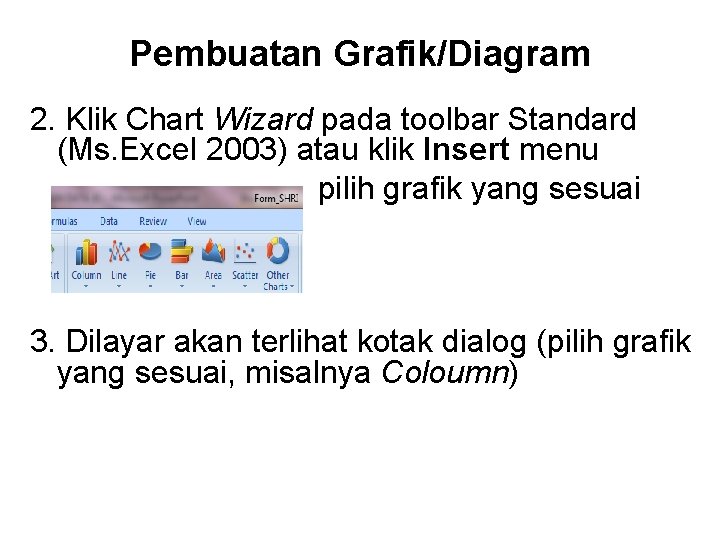 Pembuatan Grafik/Diagram 2. Klik Chart Wizard pada toolbar Standard (Ms. Excel 2003) atau klik
