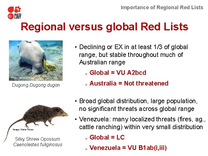 Importance of Regional Red Lists Regional versus global Red Lists • Declining or EX