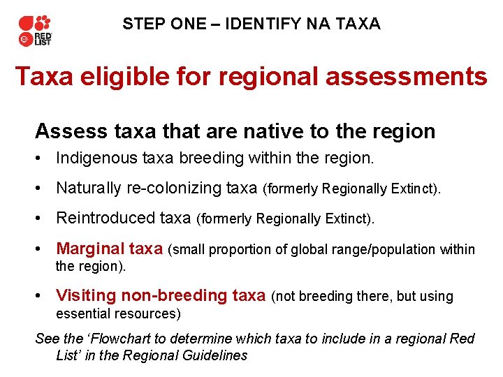 STEP ONE – IDENTIFY NA TAXA Taxa eligible for regional assessments Assess taxa that