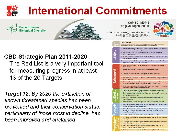 International Commitments CBD Strategic Plan 2011 -2020: The Red List is a very important