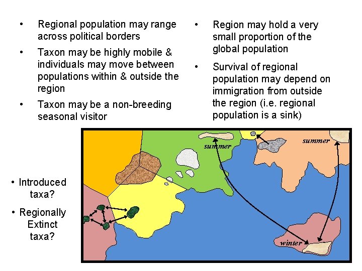  • Regional population may range across political borders • Taxon may be highly