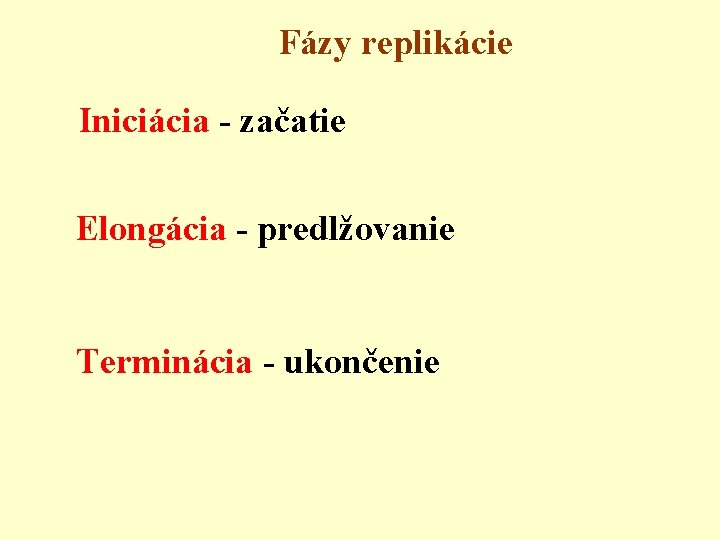 Fázy replikácie Iniciácia - začatie Elongácia - predlžovanie Terminácia - ukončenie 