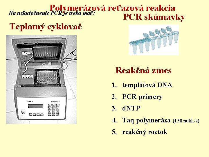 Polymerázová reťazová reakcia PCR skúmavky Teplotný cyklovač Na uskutočnenie PCR je treba mať: Reakčná