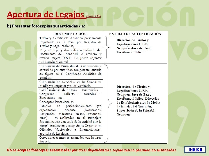 Apertura de Legajos (hoja 2/3) b) Presentar fotocopias autenticadas de: No se aceptan fotocopias