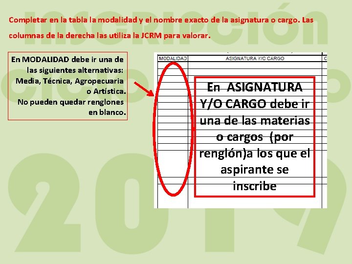 Completar en la tabla la modalidad y el nombre exacto de la asignatura o