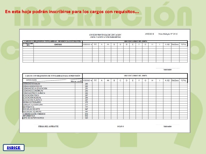 En esta hoja podrán inscribirse para los cargos con requisitos. . . INDICE 