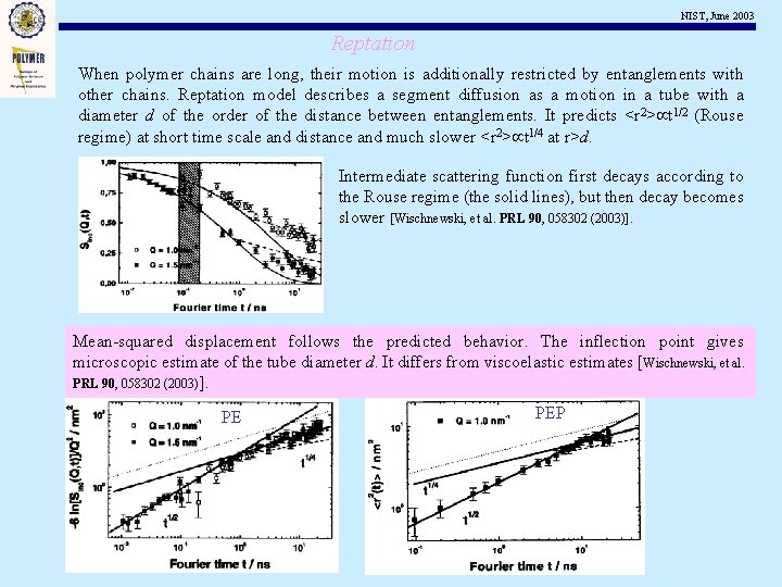 NIST, June 2003 Reptation When polymer chains are long, their motion is additionally restricted
