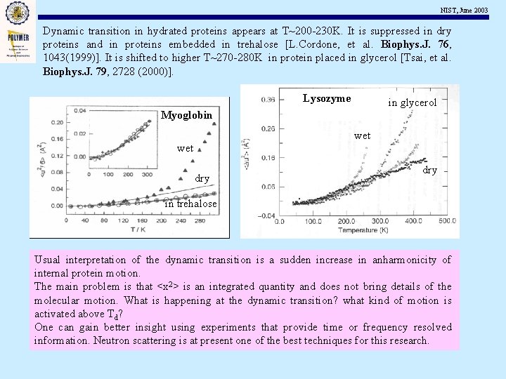 NIST, June 2003 Dynamic transition in hydrated proteins appears at T~200 -230 K. It