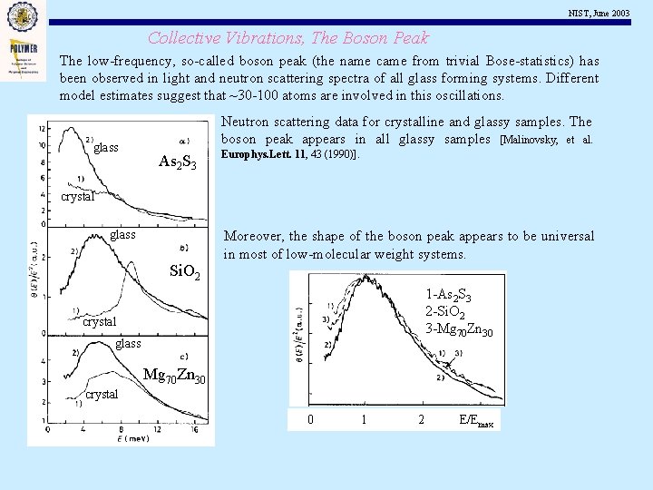 NIST, June 2003 Collective Vibrations, The Boson Peak The low-frequency, so-called boson peak (the
