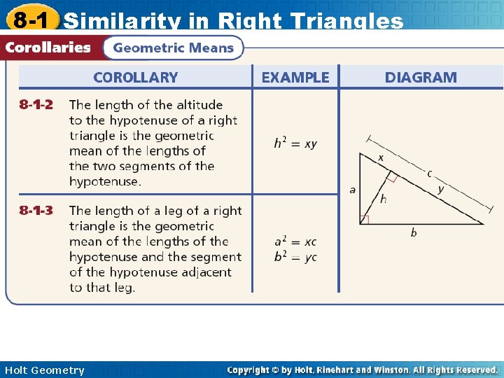 8 -1 Similarity in Right Triangles Holt Geometry 