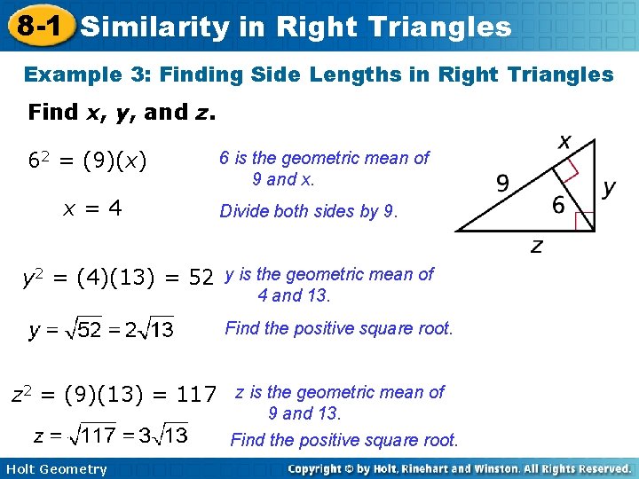 8 -1 Similarity in Right Triangles Example 3: Finding Side Lengths in Right Triangles