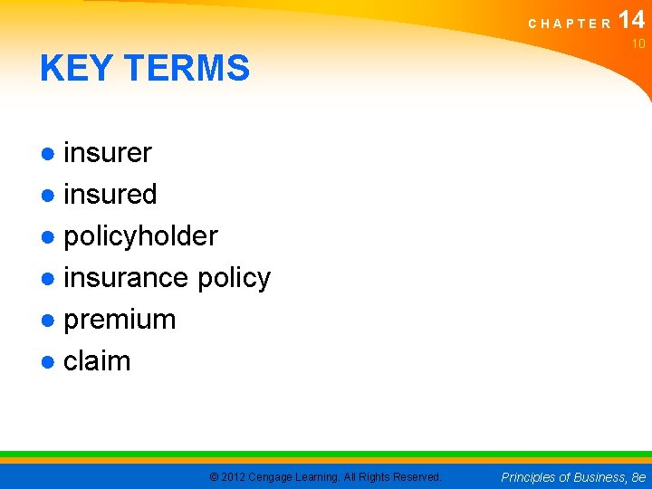 CHAPTER KEY TERMS 14 10 ● insurer ● insured ● policyholder ● insurance policy CHAPTER KEY TERMS 14 10 ● insurer ● insured ● policyholder ● insurance policy