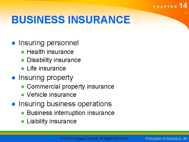 CHAPTER BUSINESS INSURANCE 14 13 ● Insuring personnel ● Health insurance ● Disability insurance CHAPTER BUSINESS INSURANCE 14 13 ● Insuring personnel ● Health insurance ● Disability insurance