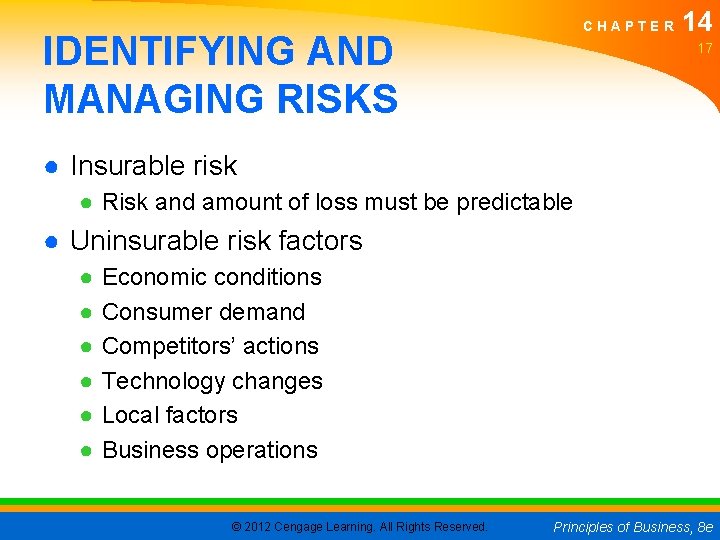 CHAPTER IDENTIFYING AND MANAGING RISKS 14 17 ● Insurable risk ● Risk and amount CHAPTER IDENTIFYING AND MANAGING RISKS 14 17 ● Insurable risk ● Risk and amount