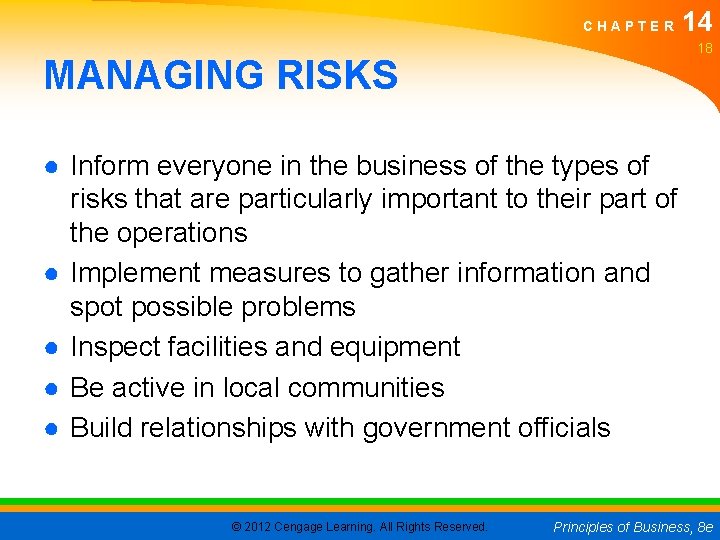 CHAPTER 14 18 MANAGING RISKS ● Inform everyone in the business of the types CHAPTER 14 18 MANAGING RISKS ● Inform everyone in the business of the types
