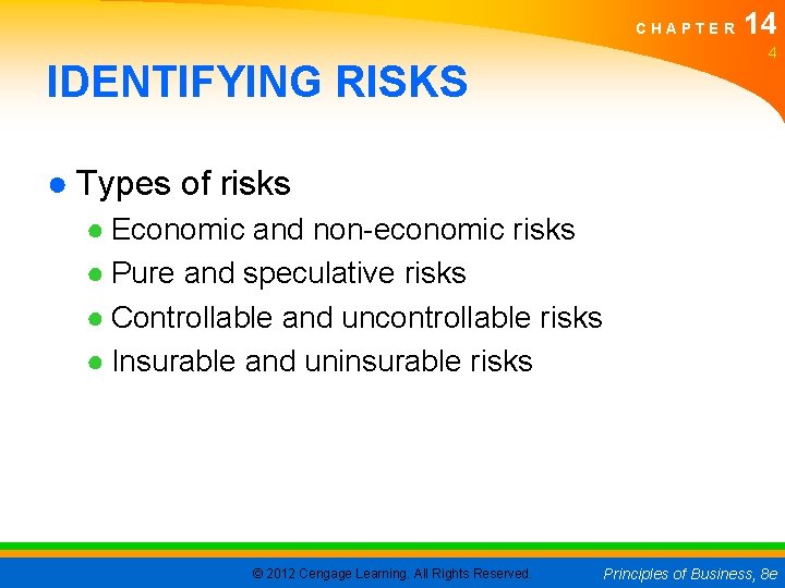 CHAPTER 14 4 IDENTIFYING RISKS ● Types of risks ● Economic and non-economic risks CHAPTER 14 4 IDENTIFYING RISKS ● Types of risks ● Economic and non-economic risks
