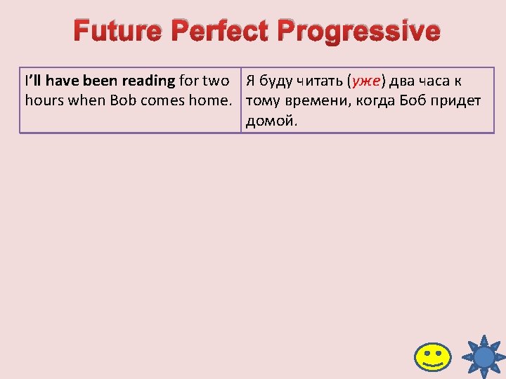 Future Perfect Progressive I’ll have been reading for two Я буду читать (уже) два