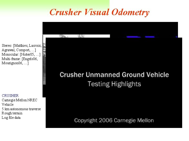 Crusher Visual Odometry Stereo: [Matthies, Lacroix, Agrawal, Comport, …] Monocular: [Nister 05, …] Multi-frame: