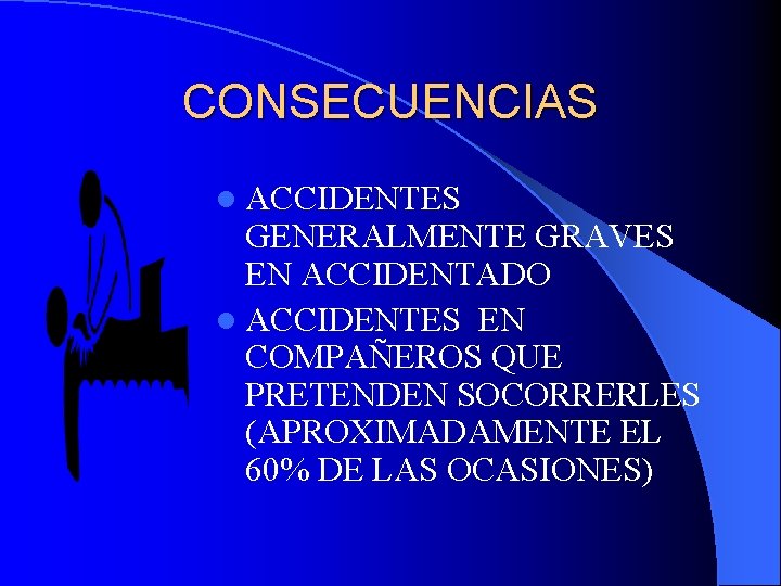 CONSECUENCIAS l ACCIDENTES GENERALMENTE GRAVES EN ACCIDENTADO l ACCIDENTES EN COMPAÑEROS QUE PRETENDEN SOCORRERLES