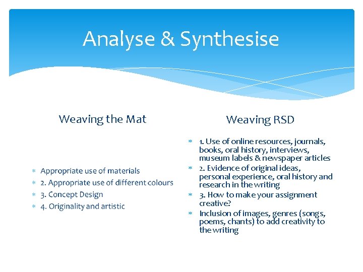Analyse & Synthesise Weaving the Mat Weaving RSD 1. Use of online resources, journals,