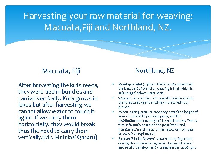 Harvesting your raw material for weaving: Macuata, Fiji and Northland, NZ Macuata, Fiji After